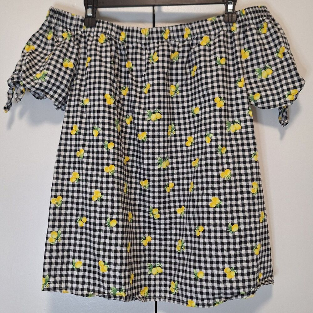 Chloe + Rene Cotton Checkered Lemon Print Off The Shoulder Top Large